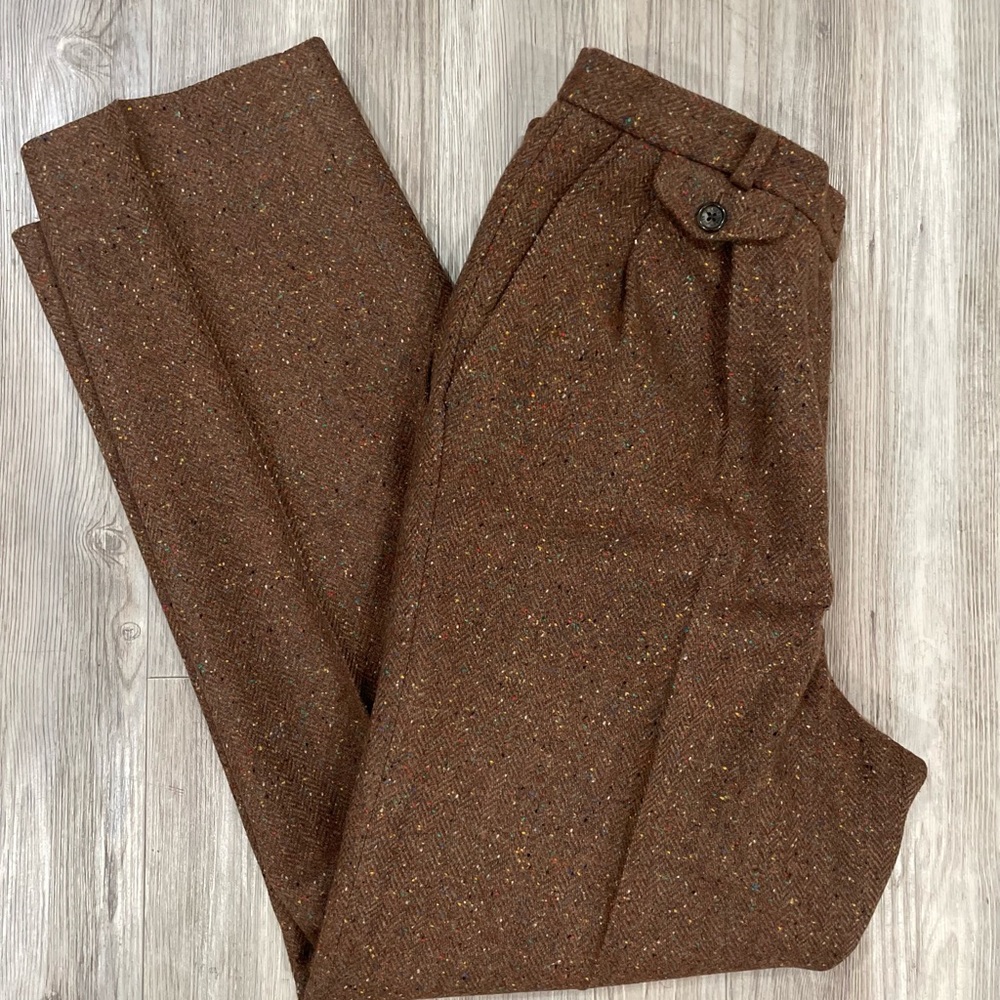VINTAGE High Waist Orvis Pants Women 8 Brown Wool Donegal Tweed Pants
